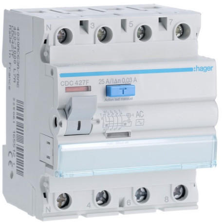 Inter dif 4P 25A 30mA AC 60Hz - INTER. DIFF. TETRA.  HAGER CDC427F 