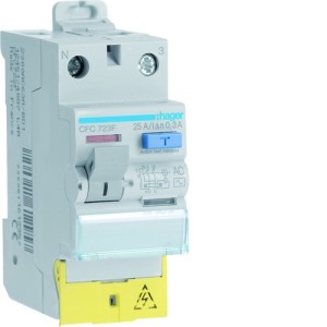 Interrupteur différentiel 1P+N 25A 300mA type AC à bornes décalées  50/60HZ - HAGER CFC723F 
