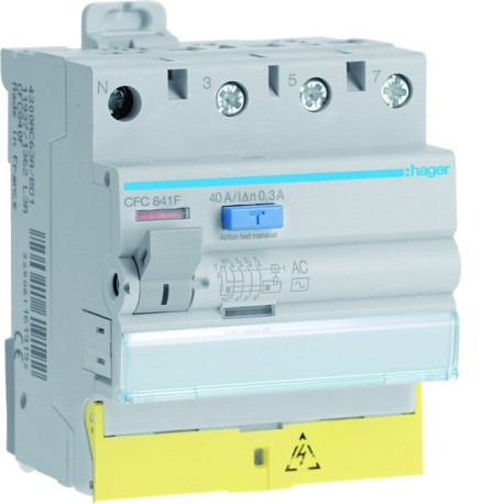Interrupteur différentiel 3P+N 40A 300mA type AC à bornes décalées  50/60HZ - HAGER CFC841F 