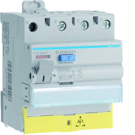 Interrupteur différentiel 3P+N 63A 300mA type AC à bornes décalées  50/60HZ - HAGER CFC864F 