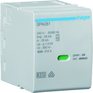 Cartouche L-N/PEN Uc 350V Iimp 25kA Up 1.5kV pour SPA80x - HAGER SPA081 