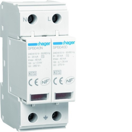 Parafoudre 2P T2 TNS/TT Uc 275V In 20kA Imax 40kA telesignalisation - HAGER SPB240R 
