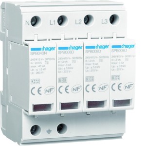 Parafoudre 4P TNS/TT Uc 275V In 2 kA Imax 8 kA Up 1kV - HAGER SPB408D 
