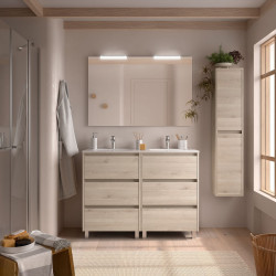 Meuble salle de bains 120cm 6 tiroirs et miroir Chêne Naturel NOJA - SALGAR 106202