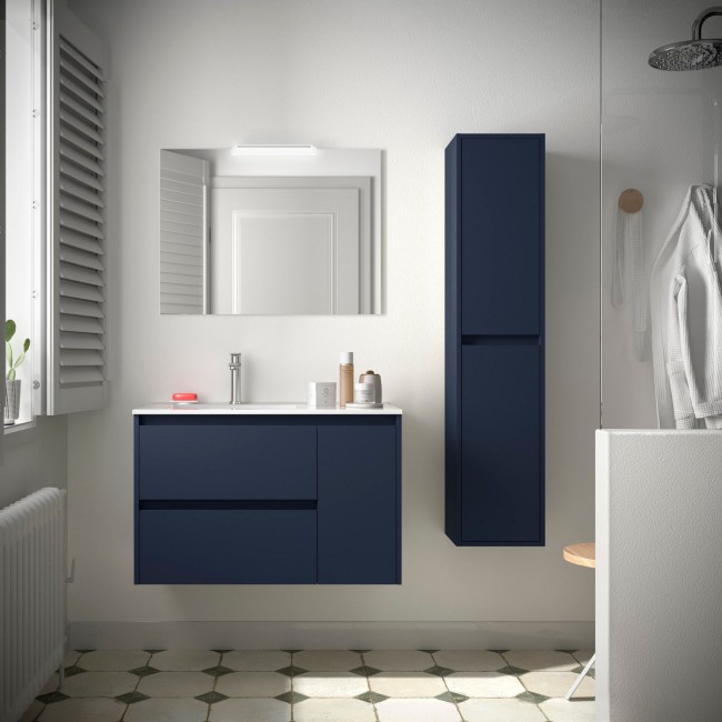 Meuble salle de bains 85cm 2 tiroirs 1 porte à droite Blue Satin NOJA - SALGAR 105402