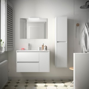Meuble salle de bains et plan de vasque 85cm 2 tiroirs 1 porte à droite White Satin NOJA - SALGAR 106134 