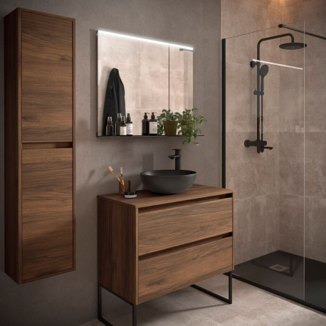 Meuble salle de bains et plan de toilette 90cm 2 tiroirs Noyer Maya NOJA - SALGAR 105506