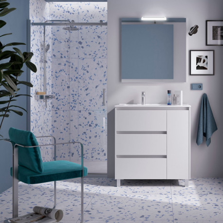 Ensemble Salle De Bains Noja 85 3 Tiroirs 1 Porte White Satin Droite - SALGAR 105638 