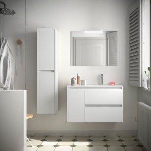 Meuble salle de bains et plan de vasque 85cm 2 tiroirs 1 porte à gauche White Satin NOJA - SALGAR 106143 