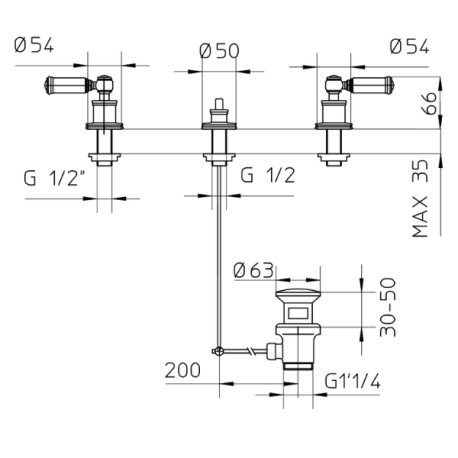 Ensemble mélangeur 3 pièces pour bidet avec vidage 1"1/4 LIBERTY LINE or - BOSSINI Z001403021