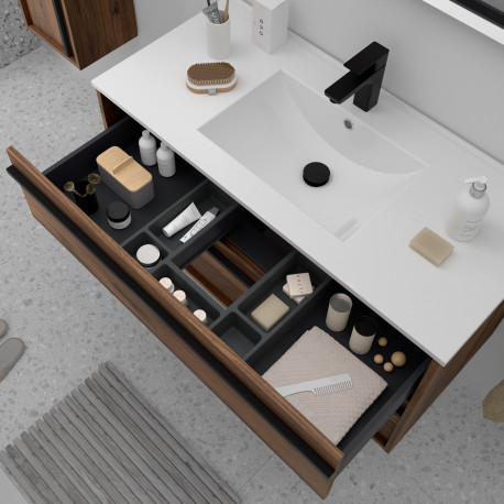 Meuble salle de bains + Vasque 100cm 2 tiroirs Noyer Maya ATTILA - SALGAR 104830