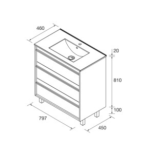 Meuble salle de bains + Vasque 80cm 3 tiroirs Chêne Africain ATTILA - SALGAR 105150