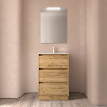 Meuble salle de bains 60cm 3 tiroirs et miroir Chêne Africain NOJA - SALGAR 105626