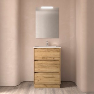 Meuble salle de bains 60cm 3 tiroirs et miroir Chêne Africain NOJA - SALGAR 105626