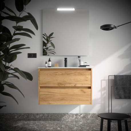 Meuble salle de bains 90cm 2 tiroirs Chêne Africain NOJA - SALGAR 105424