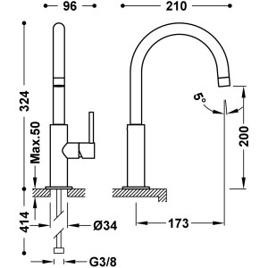 Mitigeur haut avec manette latérale pour lavabo Cava Doré  - TRES 26290402CA 