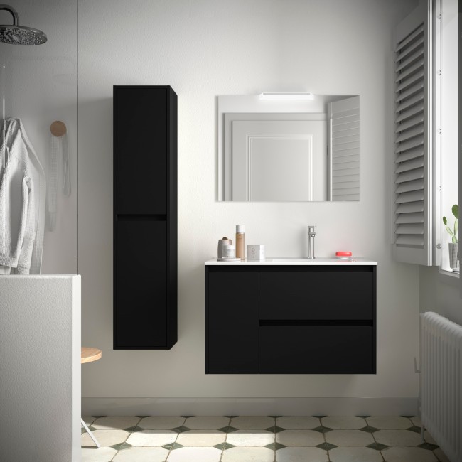 Meuble salle de bains 85cm 2 tiroirs 1 porte à gauche Black Satin NOJA - SALGAR 105410