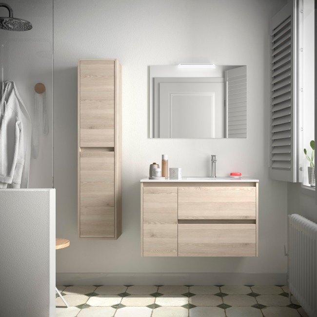 Meuble salle de bains 85cm 2 tiroirs 1 porte à gauche Chêne Naturel NOJA - SALGAR 105414