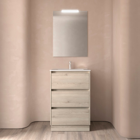 Meuble salle de bains 60cm 3 tiroirs et miroir Chêne Naturel NOJA - SALGAR 105625
