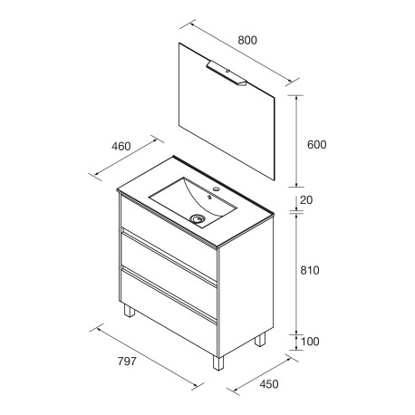 Meuble salle de bains 80cm 3 tiroirs et miroir Blue Satin NOJA - SALGAR 105631