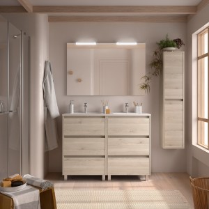 Meuble salle de bains et plan de vasque 120cm 6 tiroirs Chêne Naturel NOJA - SALGAR 106292