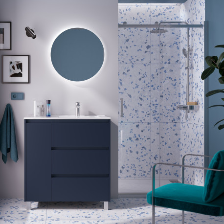 Meuble salle de bains, plan de vasque et miroir 85cm 3 tiroirs 1 porte à gauche Blue Satin NOJA - SALGAR 105649