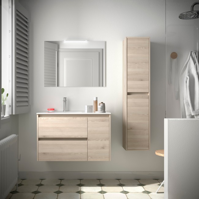 Meuble salle de bains et plan de vasque 85cm 2 tiroirs 1 porte à droite Chêne Naturel NOJA - SALGAR 106139