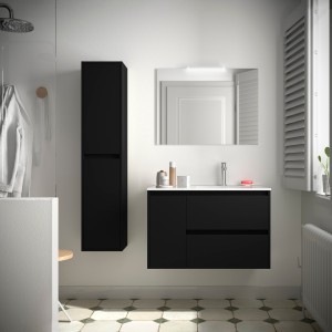 Meuble salle de bains et plan de vasque 85cm 2 tiroirs 1 porte à gauche Black Satin NOJA - SALGAR 106144