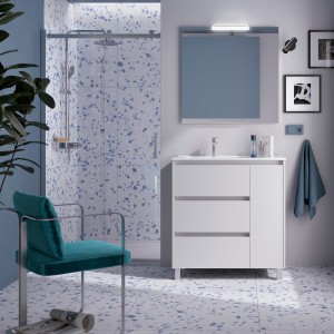 Meuble salle de bains et plan de vasque 85cm 3 tiroirs 1 porte à droite White Satin NOJA - SALGAR 106260