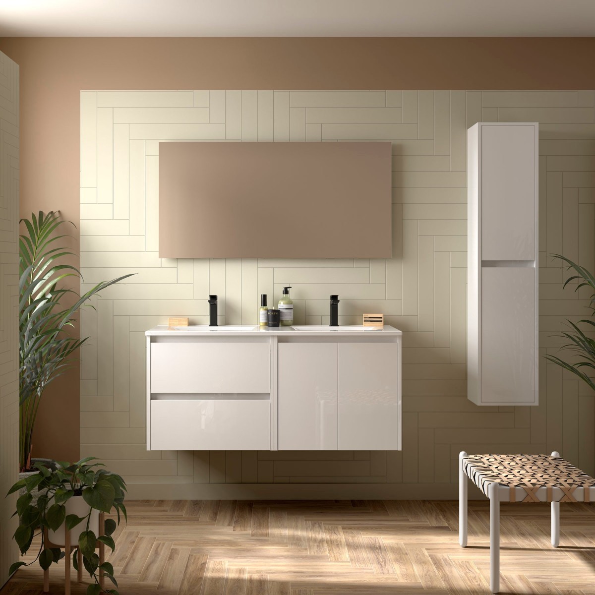 Meuble salle de bains 1200mm 2 tiroirs, 2 portes D Blanc Brillant Noja