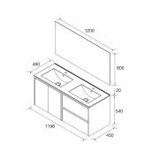 Meuble salle de bains 1200mm 2 tiroirs, 2 portes D Red Satin Noja