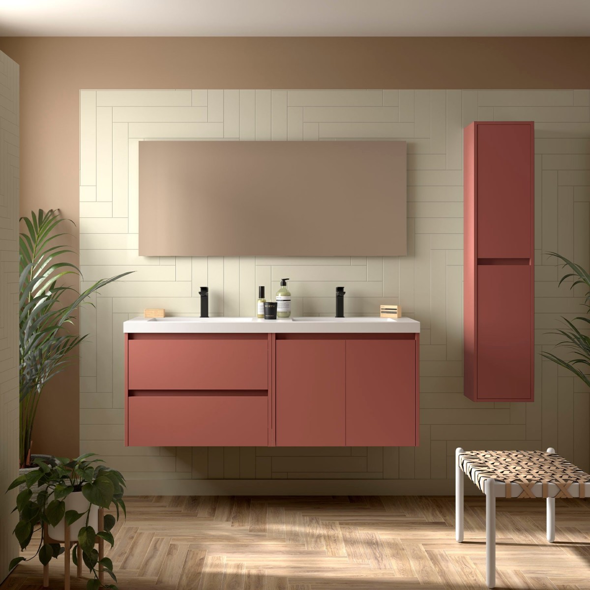 Meuble salle de bains 1400mm 2 tiroirs, 2 portes Red Satin Noja