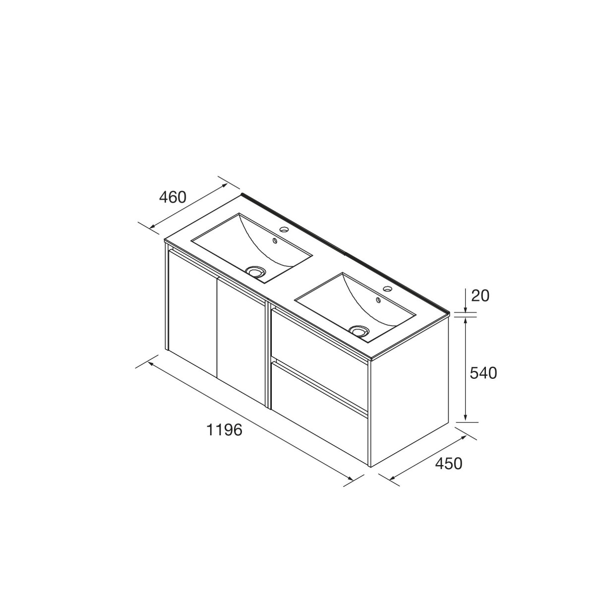 Meuble salle de bains 1200mm 2 tiroirs 2 portes Chêne Naturel Noja