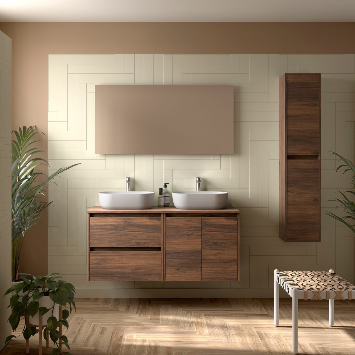 Meuble salle de bains 1200mm 2 tiroirs 2 portes Noyer Maya Noja