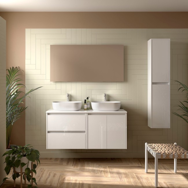 Meuble salle de bains 1400mm 2 tiroirs 2 portes Blanc Brillant Noja