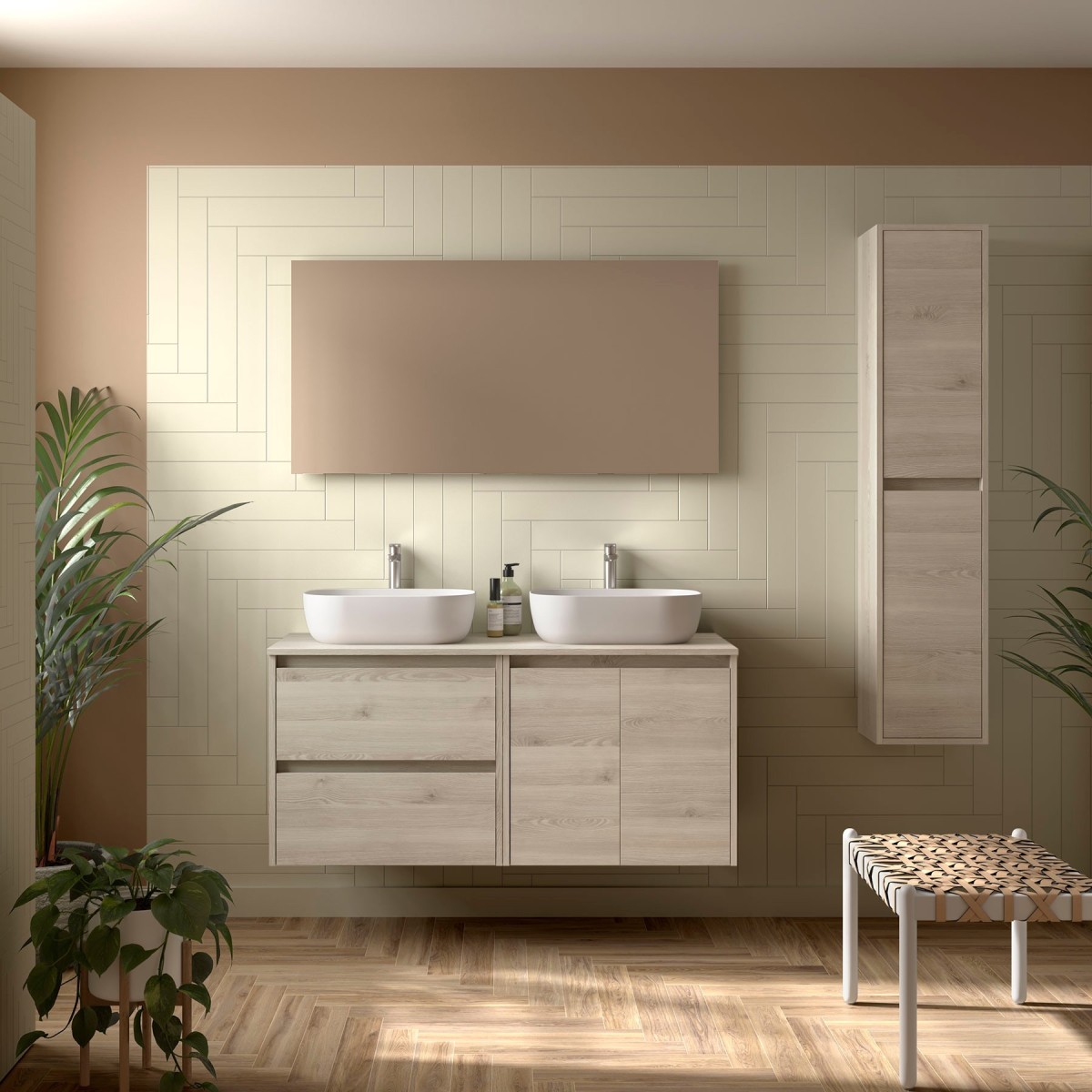 Meuble salle de bains 1400mm 2 tiroirs 2 portes Chêne Naturel Noja