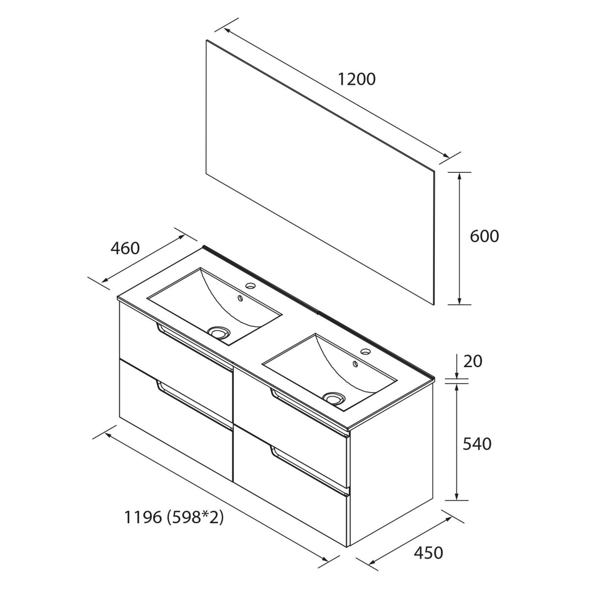 Ensemble meuble salle de bains 120cm 2tiroirs Chêne Naturel Vima