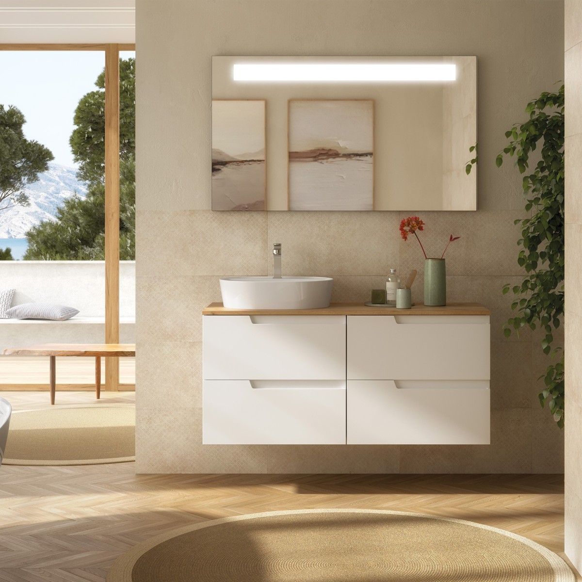 Meuble salle de bains 120cm 4 tiroirs White Satin et plan de toilette Chêne Africain VIMA - SALGAR 111811
