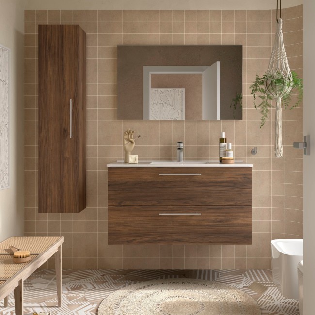 Ensemble meuble de salle de bain 2 tiroirs et plan de vasque 100cm Noyer Maya SILANE - SALGAR 113593