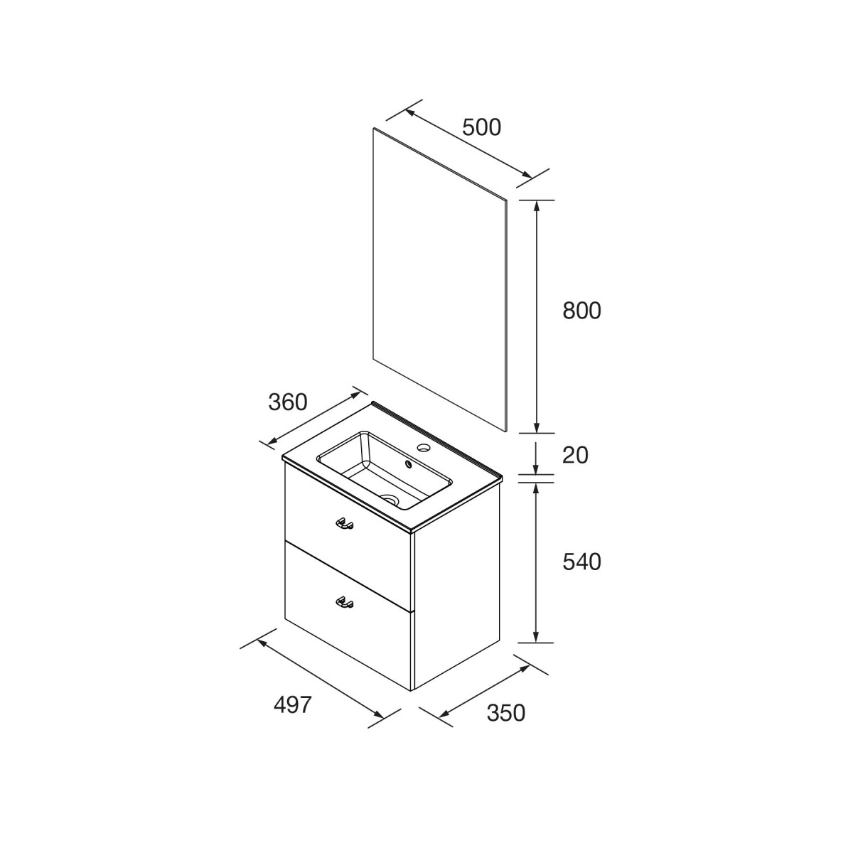 Ensemble meuble de salle de bain, lavabo et miroir 2 tiroirs Salgar