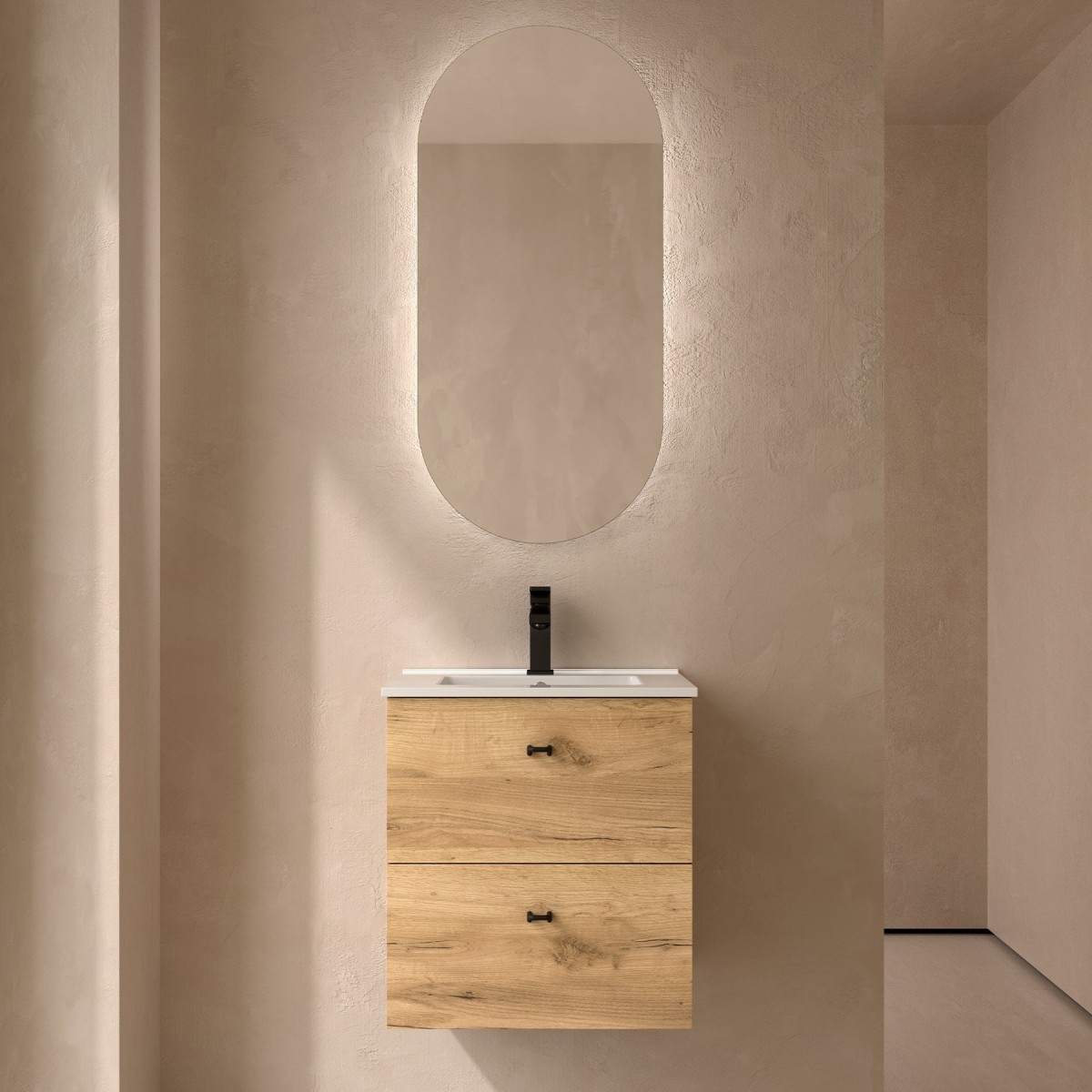 Meuble salle de bains et plan de vasque 50cm 2 tiroirs Chêne Africain INARA - SALGAR 113675