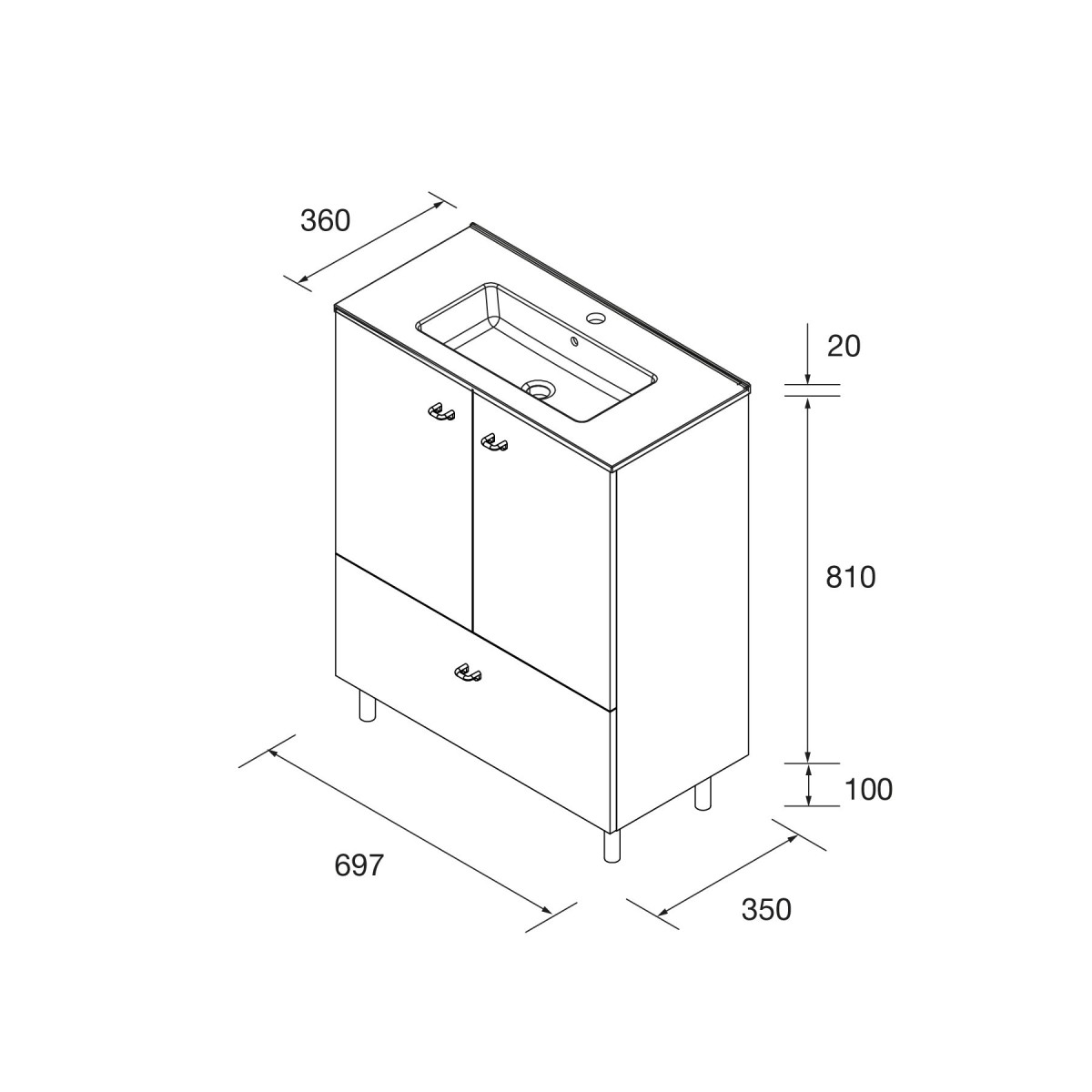 Meuble salle de bains et plan de vasque 70cm 2 portes 1 tiroir White Satin INARA - SALGAR 113723