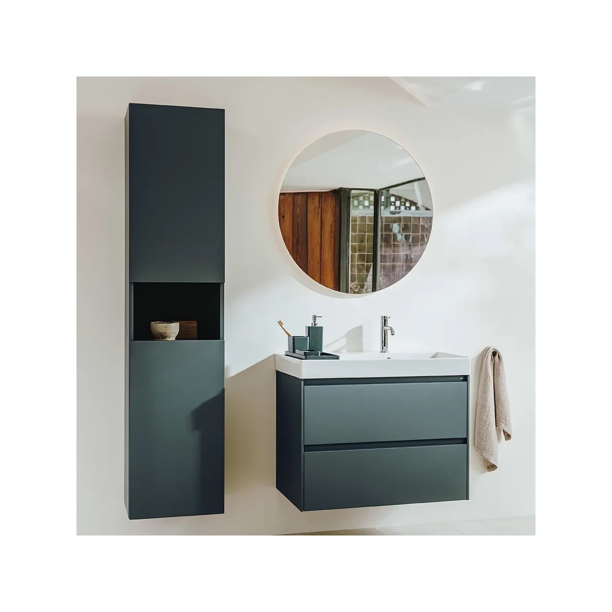 Meuble 2 tiroirs et Lavabo à droite Ona Unik 80cm Vert Mat - Roca A851690513