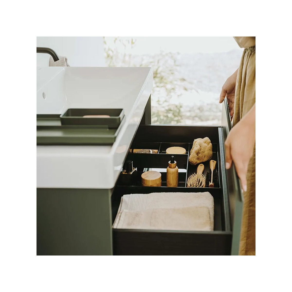 Meuble 2 tiroirs et Lavabo à droite Ona Unik 80cm Vert Mat - Roca A851690513