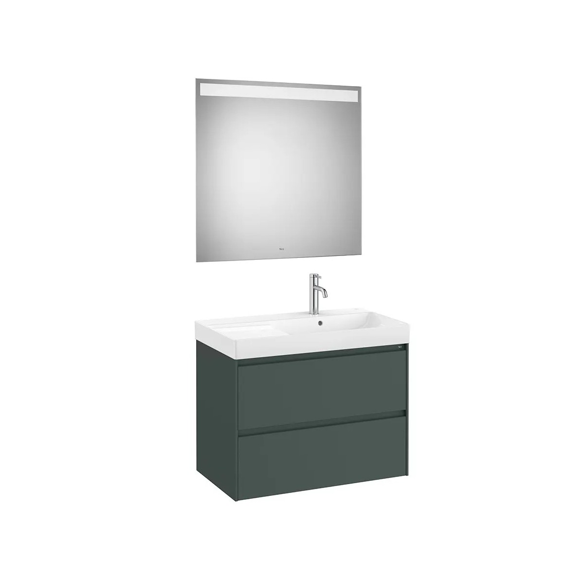 Ensemble salle de bains Meuble 2 tiroirs lavabo à droite et miroir avec éclairage LED Ona 80cm Vert Mat - Roca A851706513