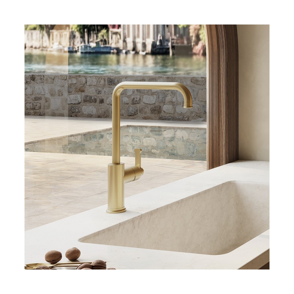 Mitigeur cuisine monotrou sur plan bec 225 Faro Or Brossé PVD - CRISTINA ONDYNA FA52696P 