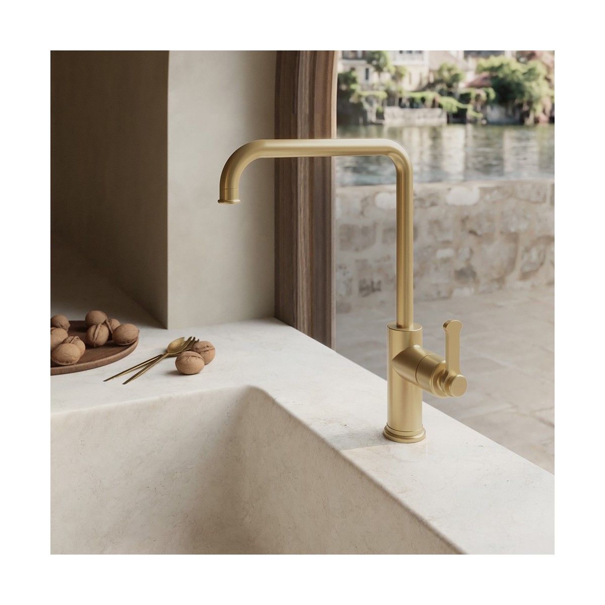 Mitigeur cuisine monotrou sur plan bec 225 Faro Or Brossé PVD - CRISTINA ONDYNA FA52696P 