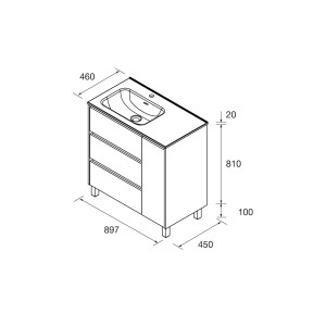 Meuble salle de bains et plan de vasque 90cm 3 tiroirs + évier à gauche 1 porte à droite Red Satin NOJA - SALGAR 118134