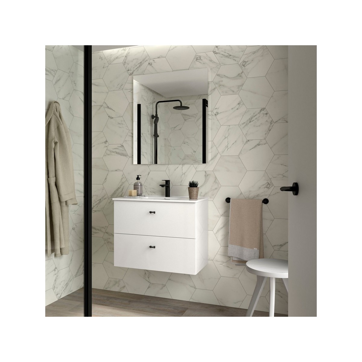Ensemble Salle De Bains Inara 70 2 Tiroirs Blanc Brillant - SALGAR 113669 