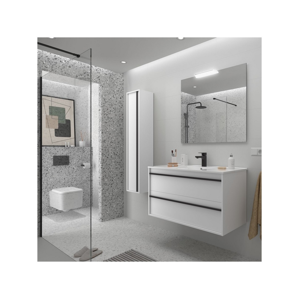 Ensemble meuble vasque salle de bain ATTILA 1000 2 tiroirs Blanc satiné P450 - SALGAR 104723 